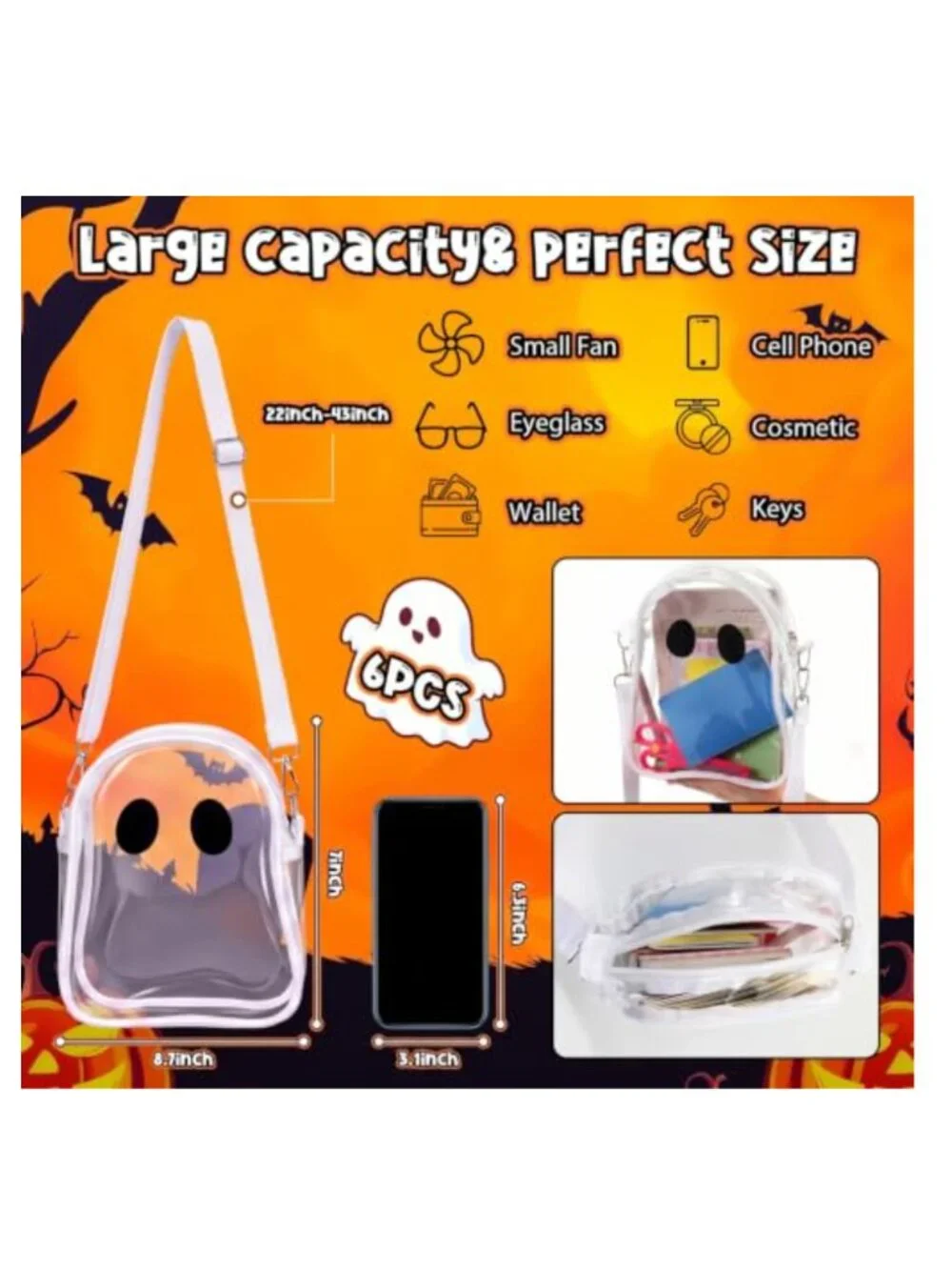 Halloween Ghost Clear Crossbody Bag Adjustable Strap PVC Cute